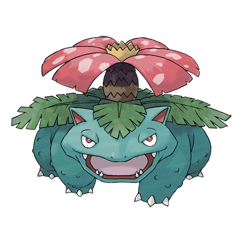 Venusaur. There is a large flower on Venusaur’s back. The flower is said to take on vivid colors if it gets plenty of nutrition and sunlight. The flower’s aroma soothes the emotions of people.