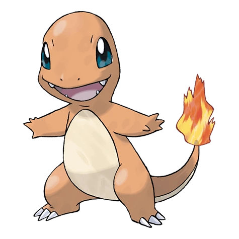 Charmander. The flame that burns at the tip of its tail is an indication of its emotions. The flame wavers when Charmander is enjoying itself. If the Pokémon becomes enraged, the flame burns fiercely.