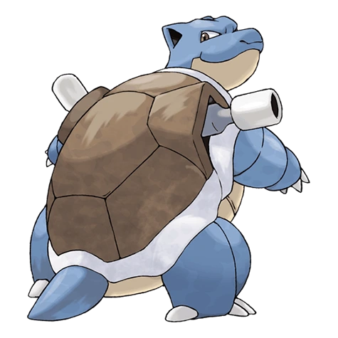 Blastoise. Blastoise has water spouts that protrude from its shell. The water spouts are very accurate. They can shoot bullets of water with enough accuracy to strike empty cans from a distance of over 160 feet.